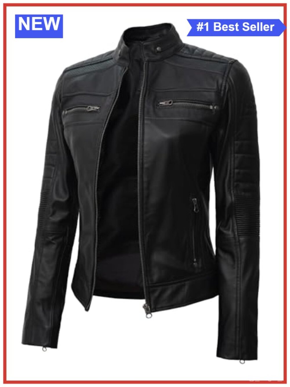 100% Lambskin Leather Cafe Racer Moto Jacket Women Band Collar Zip